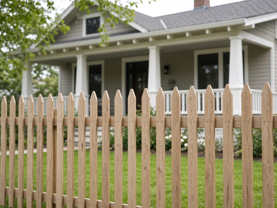 Illustrated wood picket fence along a front walk