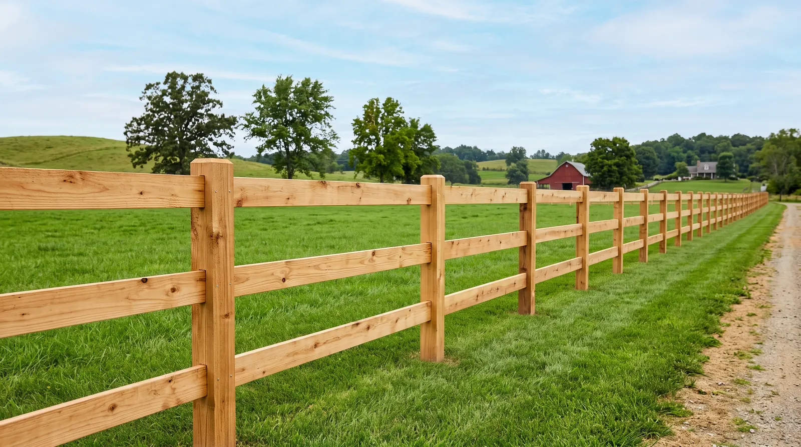 Three-rail wood split rail fence along a green pasture